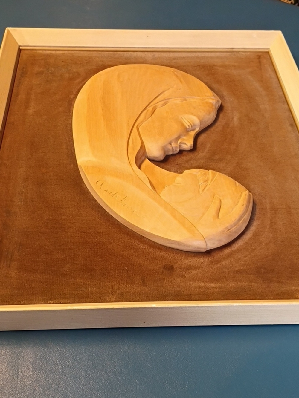 Hand-Carved Madonna and Child Wall Sculpture - Brown Wood Relief